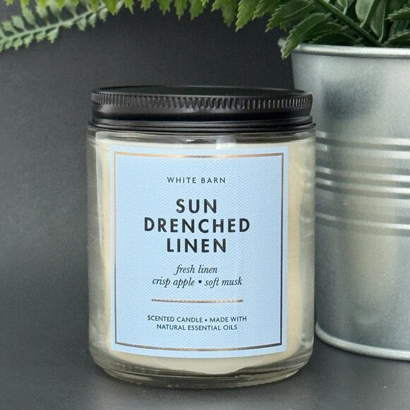 BBW Sun Drenched Linen White Barn Bath & Body Works Mason Jar Single Wick Candle - Picture 1 of 10